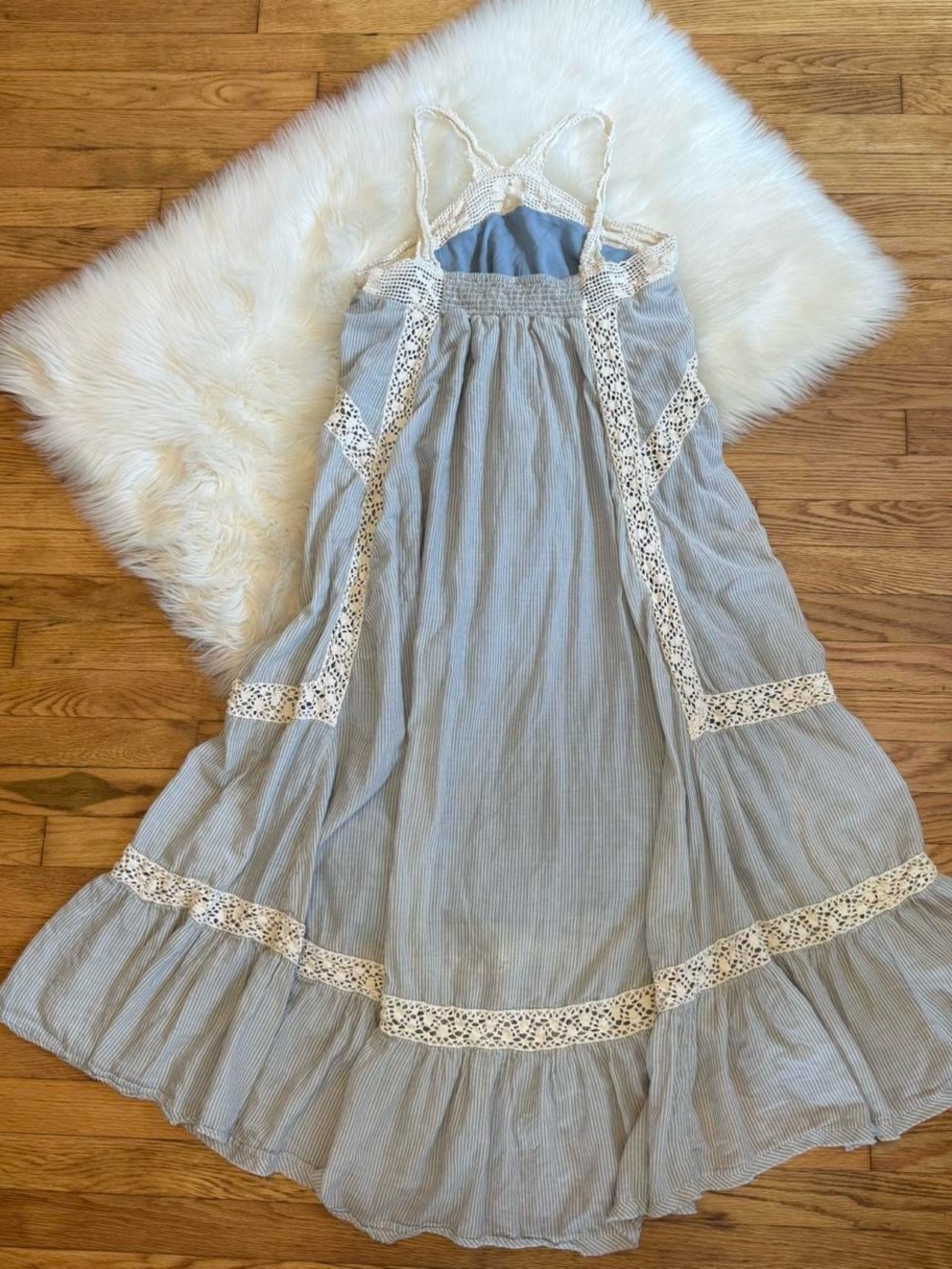 Free people blue & white boho maxi dress with crotchet trim - Picture 4 of 7